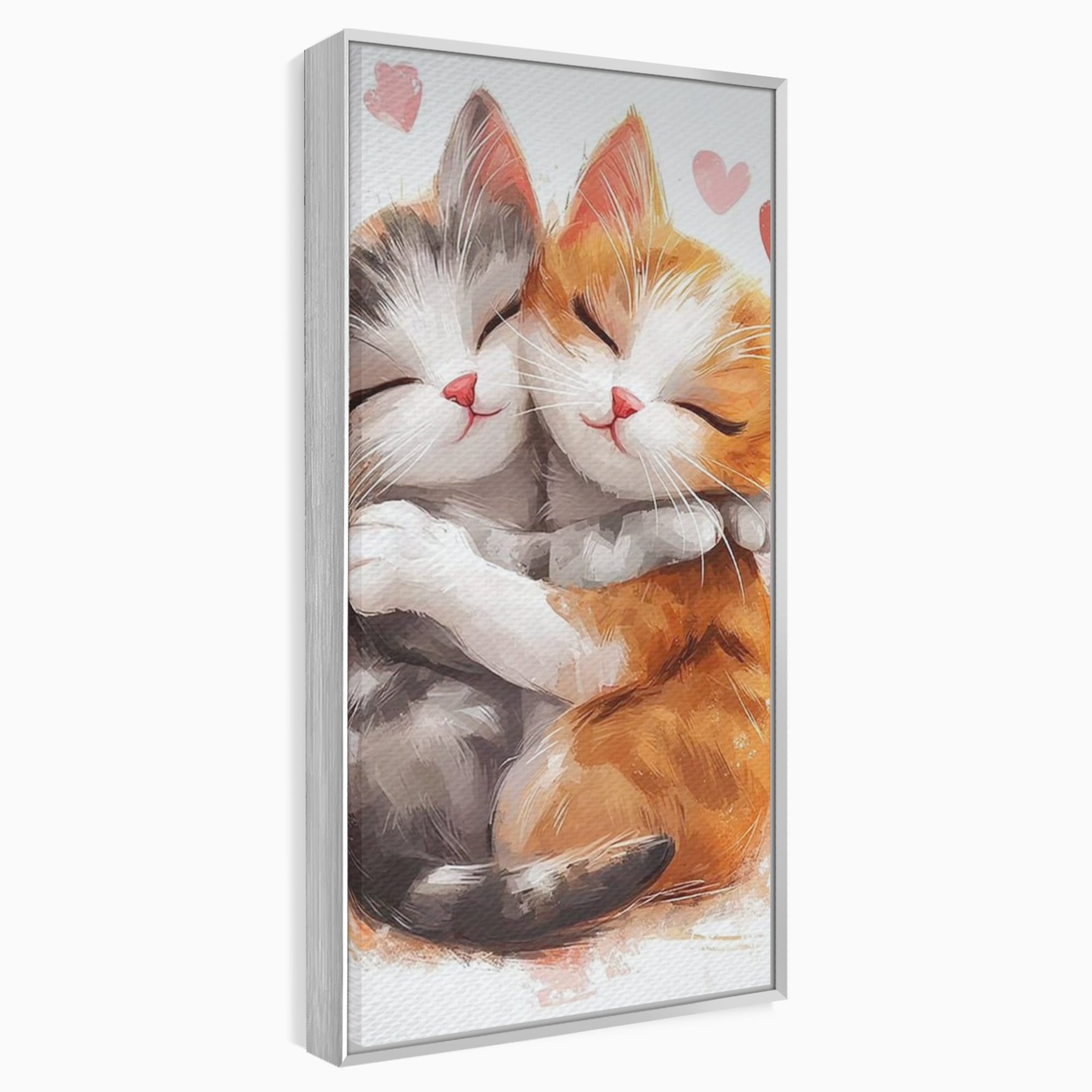 Tablou canvas cu doua pisicute care se imbratiseaza, in rama de aluminiu argintiu